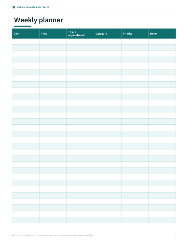 Preview of Printable Weekly Schedule Planner