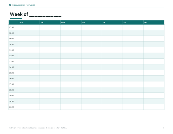 Preview of Printable Hourly Weekly Schedule