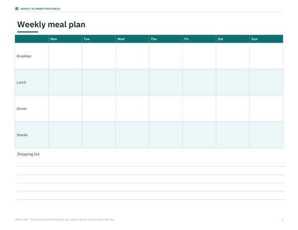 Preview of Printable Weekly Meal Plan